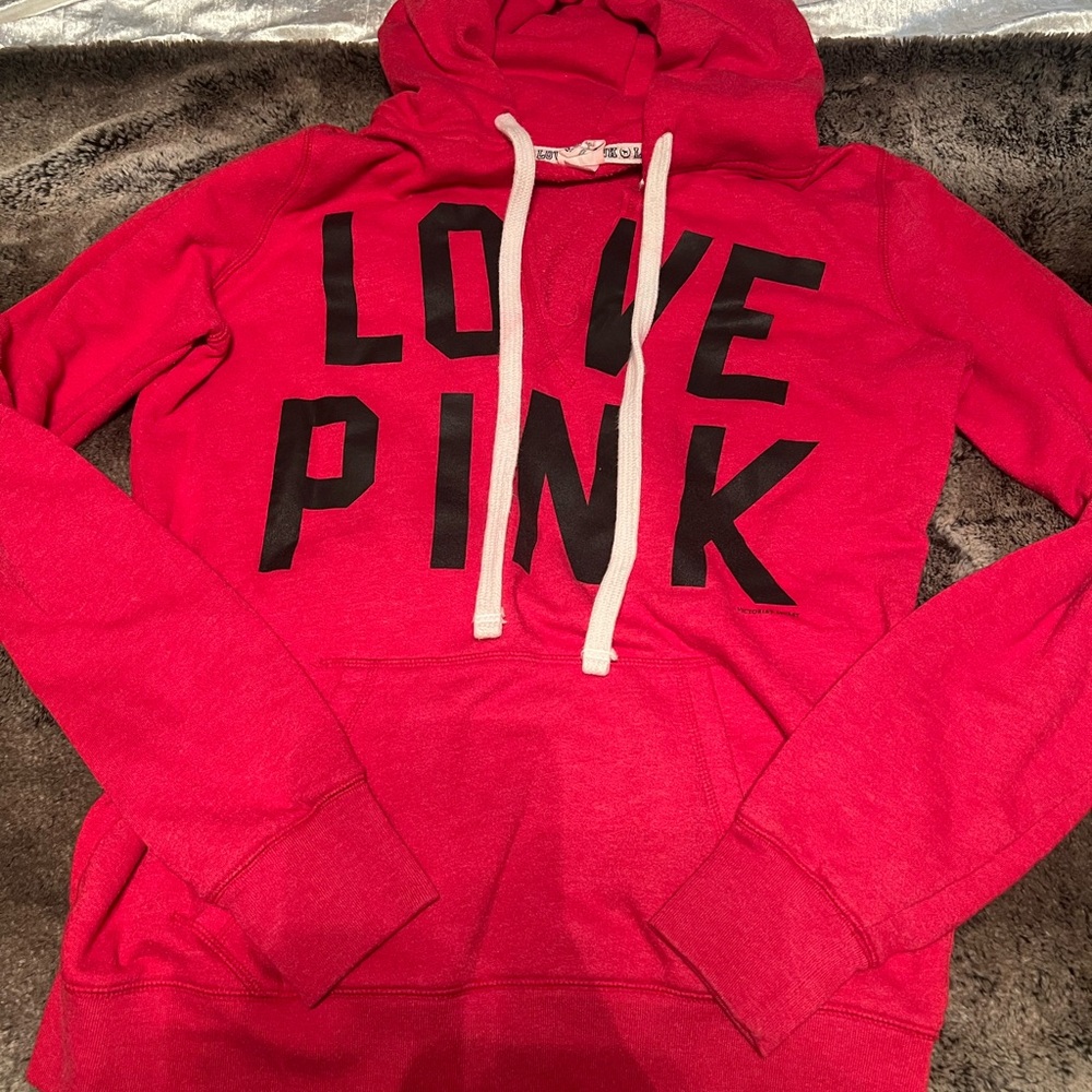 PINK Victoria's Secret Bright Red Hoodie with Black Text